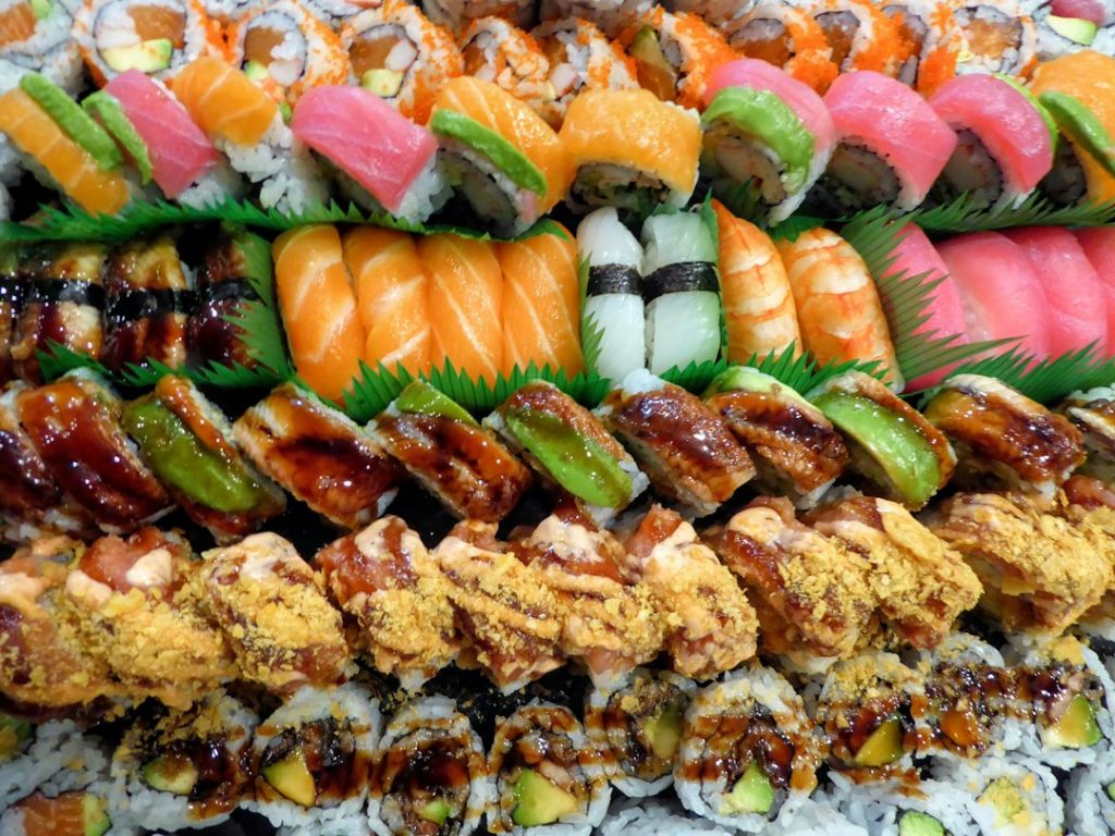 A platter of fresh sushi rolls at a Japanese restaurant